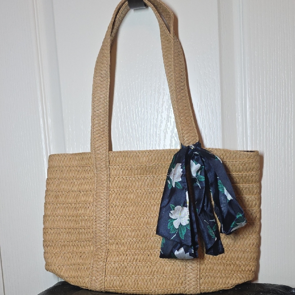 Draper James Woven Tan Tote with Navy Floral Accent